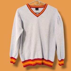 Sarar Unisex Light Blue Colorblock Striped 100% Wool V-Neck Sweater Preppy